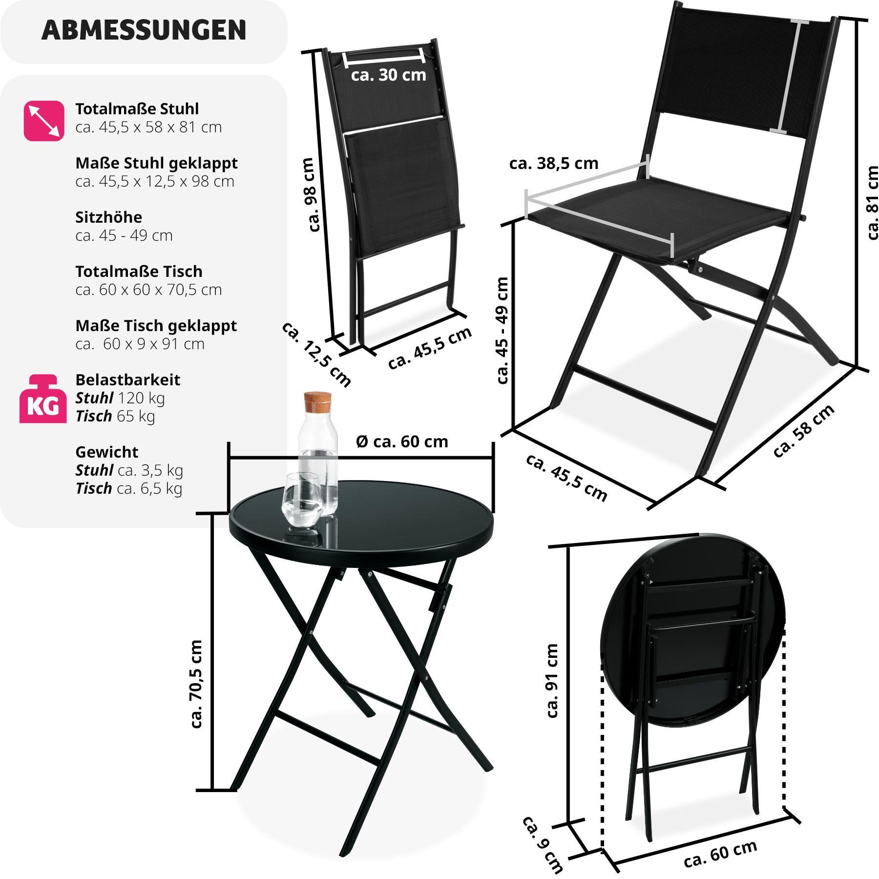 Tectake Balkonset Düsseldorf 2+1 Stühle mit luftdurchlässigem Textilene-Gewebe und Griffen  