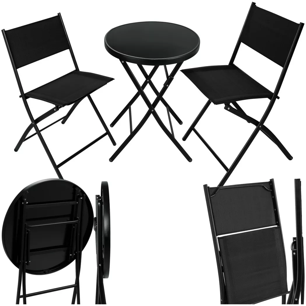 tectake® Bistro-Set, klappbar, für 2 Personen, UV-beständig, Tisch mit Sicherheitsglasplatte