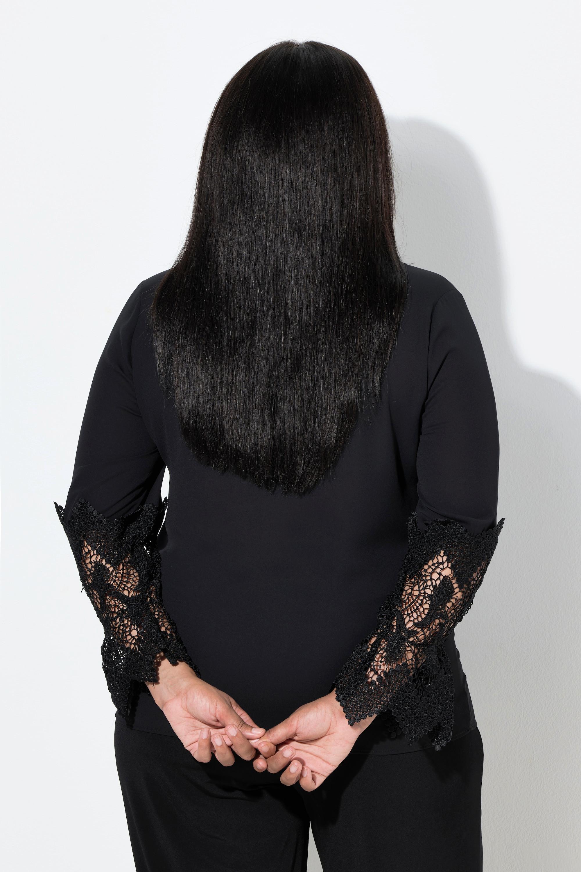 Ulla Popken Krepp Spitzen Langarm Bluse mit Hemdkragen  