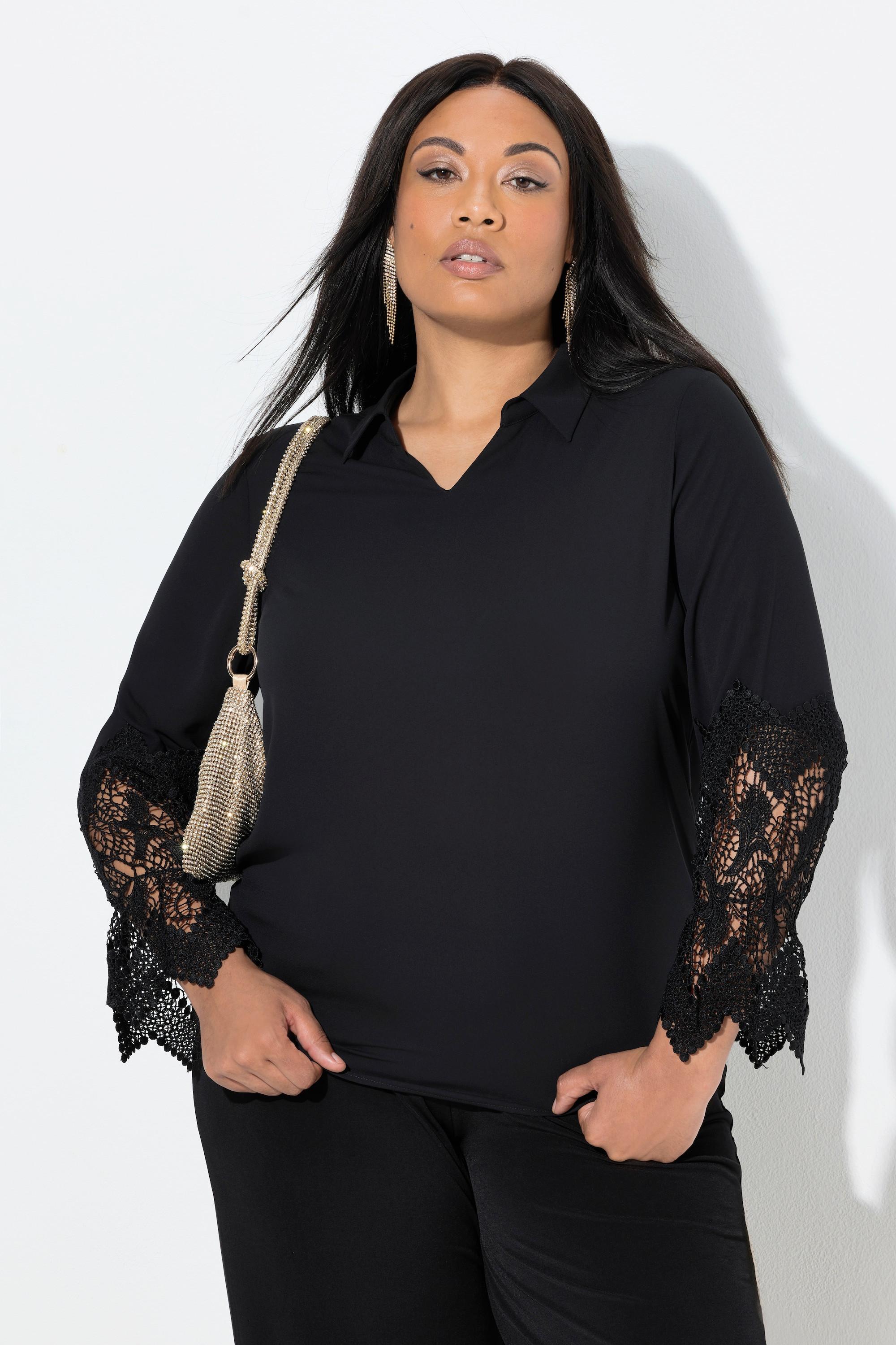 Ulla Popken Krepp Spitzen Langarm Bluse mit Hemdkragen  