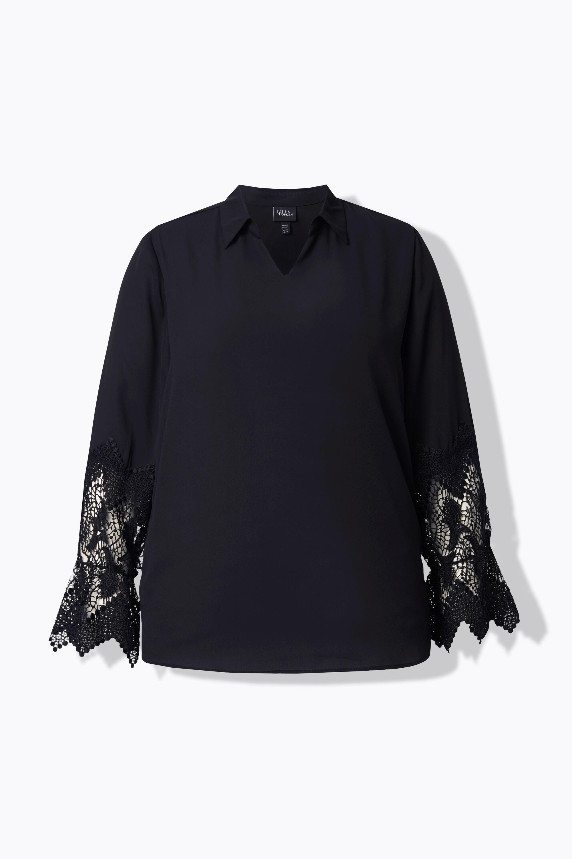 Ulla Popken Krepp Spitzen Langarm Bluse mit Hemdkragen  