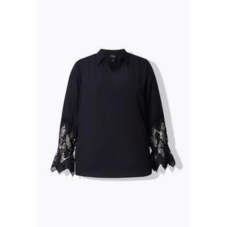 Ulla Popken Krepp Spitzen Langarm Bluse mit Hemdkragen  