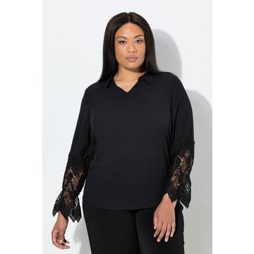 Blusa in crêpe con pizzo, collo da camicia, scollo a V e maniche lunghe