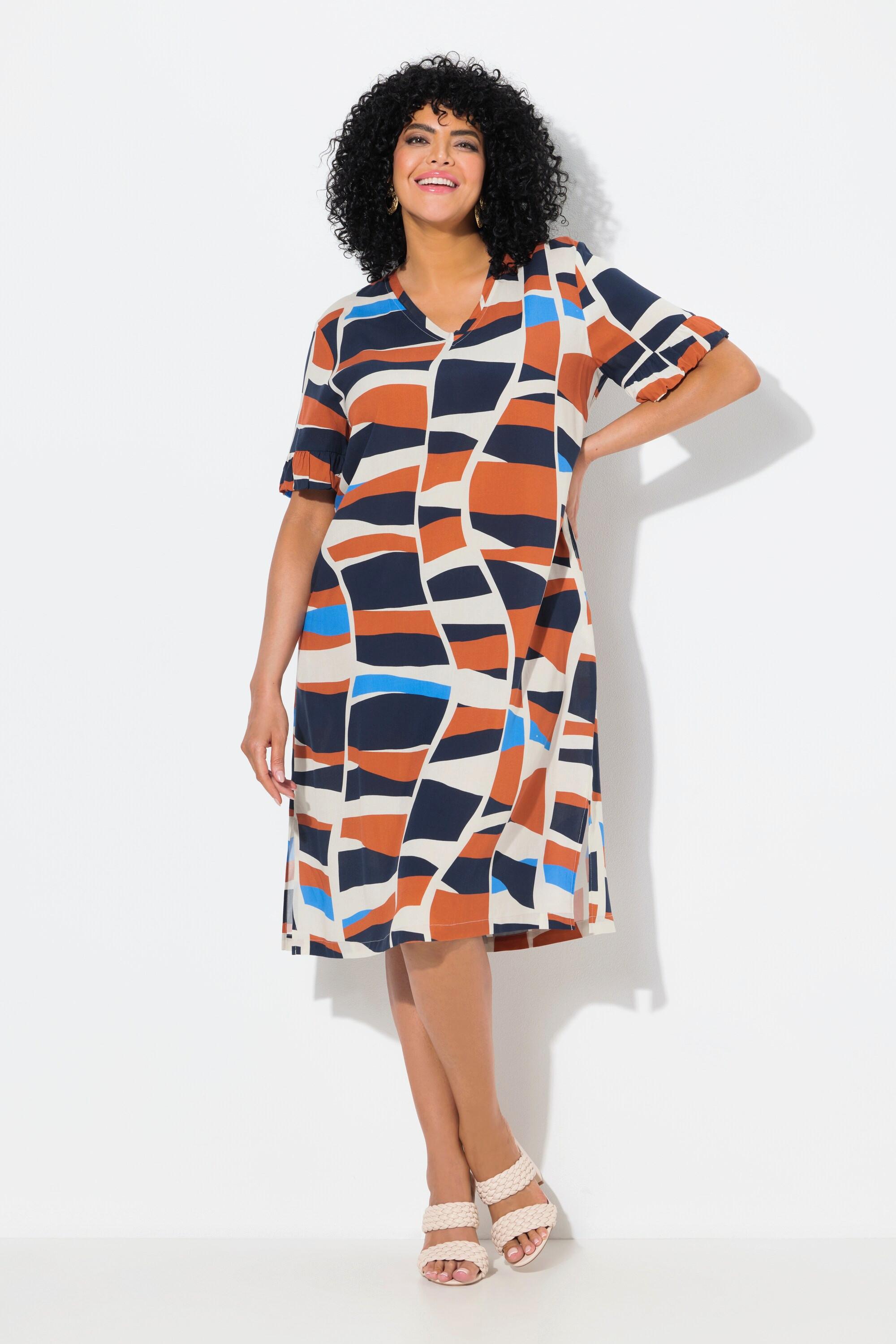 Ulla Popken Kleid Grafischer Druck V-Ausschnitt Halbarm  