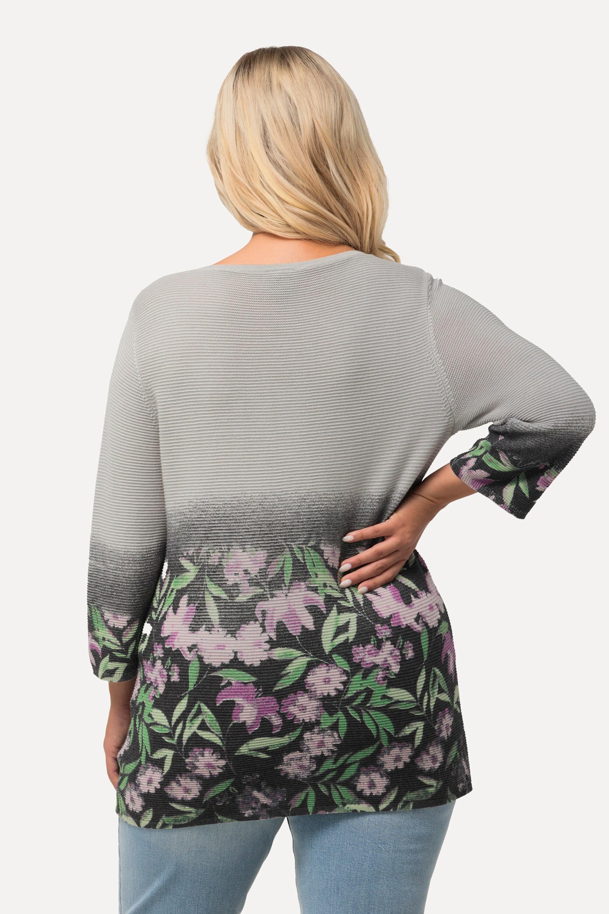 Ulla Popken  Pull, fleurs, point mousse, col rond, manches 3/4 