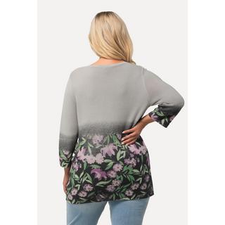 Ulla Popken  Pull, fleurs, point mousse, col rond, manches 3/4 