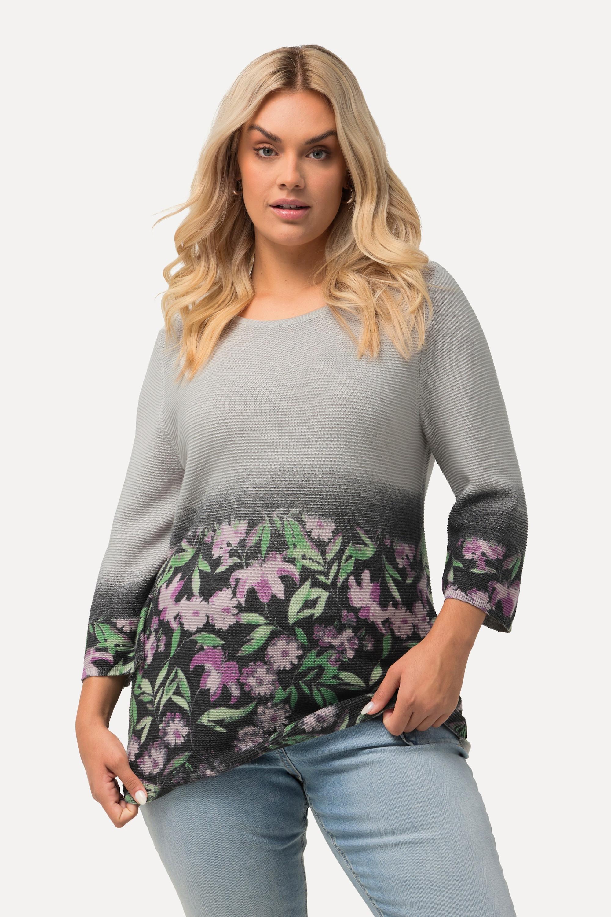 Ulla Popken  Pull, fleurs, point mousse, col rond, manches 3/4 