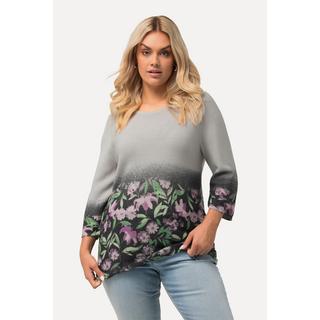 Ulla Popken  Pull, fleurs, point mousse, col rond, manches 3/4 