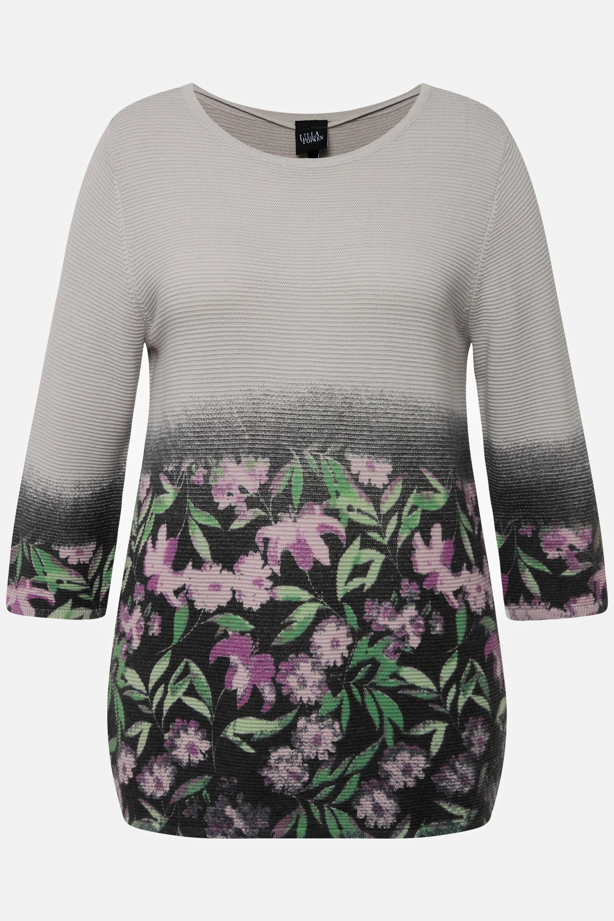 Ulla Popken  Pull, fleurs, point mousse, col rond, manches 3/4 