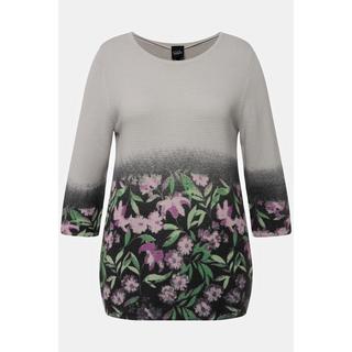 Ulla Popken  Pull, fleurs, point mousse, col rond, manches 3/4 