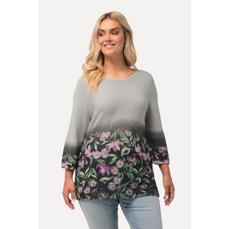 Ulla Popken  Pull, fleurs, point mousse, col rond, manches 3/4 