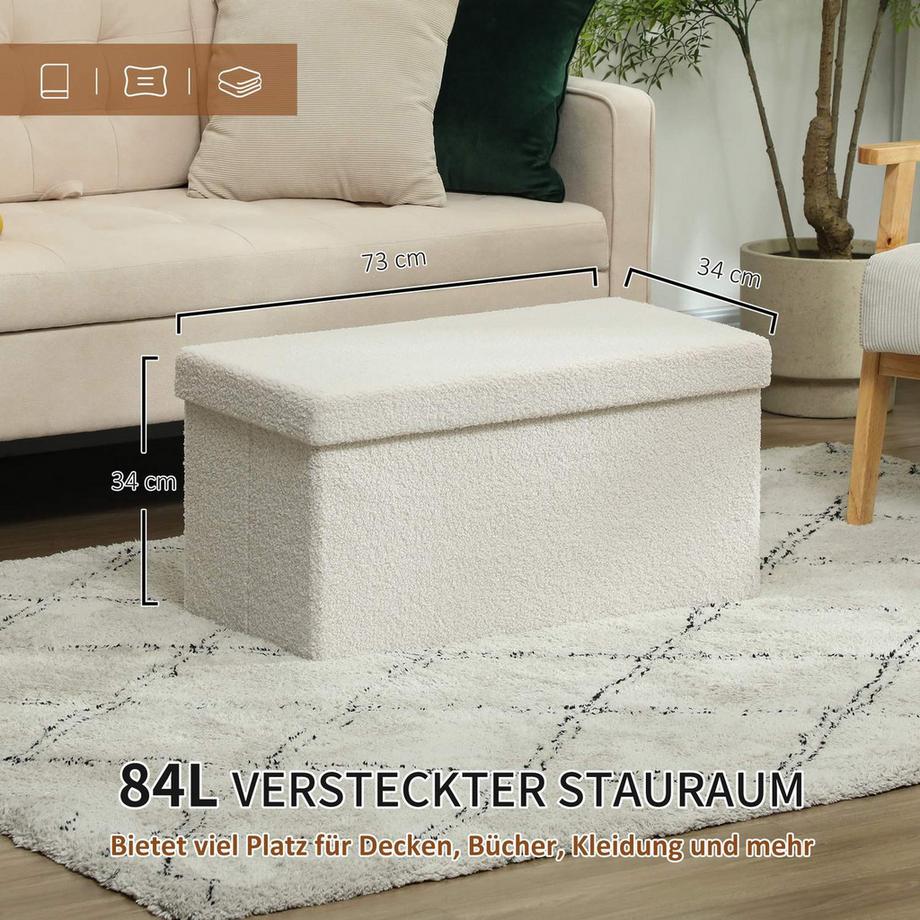 Northio Sitzbank mit Stauraum, faltbar Polsterbank, Bettbank mit Samtoptik, Sitztruhe für Flur Schlafzimmer Wohnzimmer, 76 x 38 x 38 cm Cremeweiß  