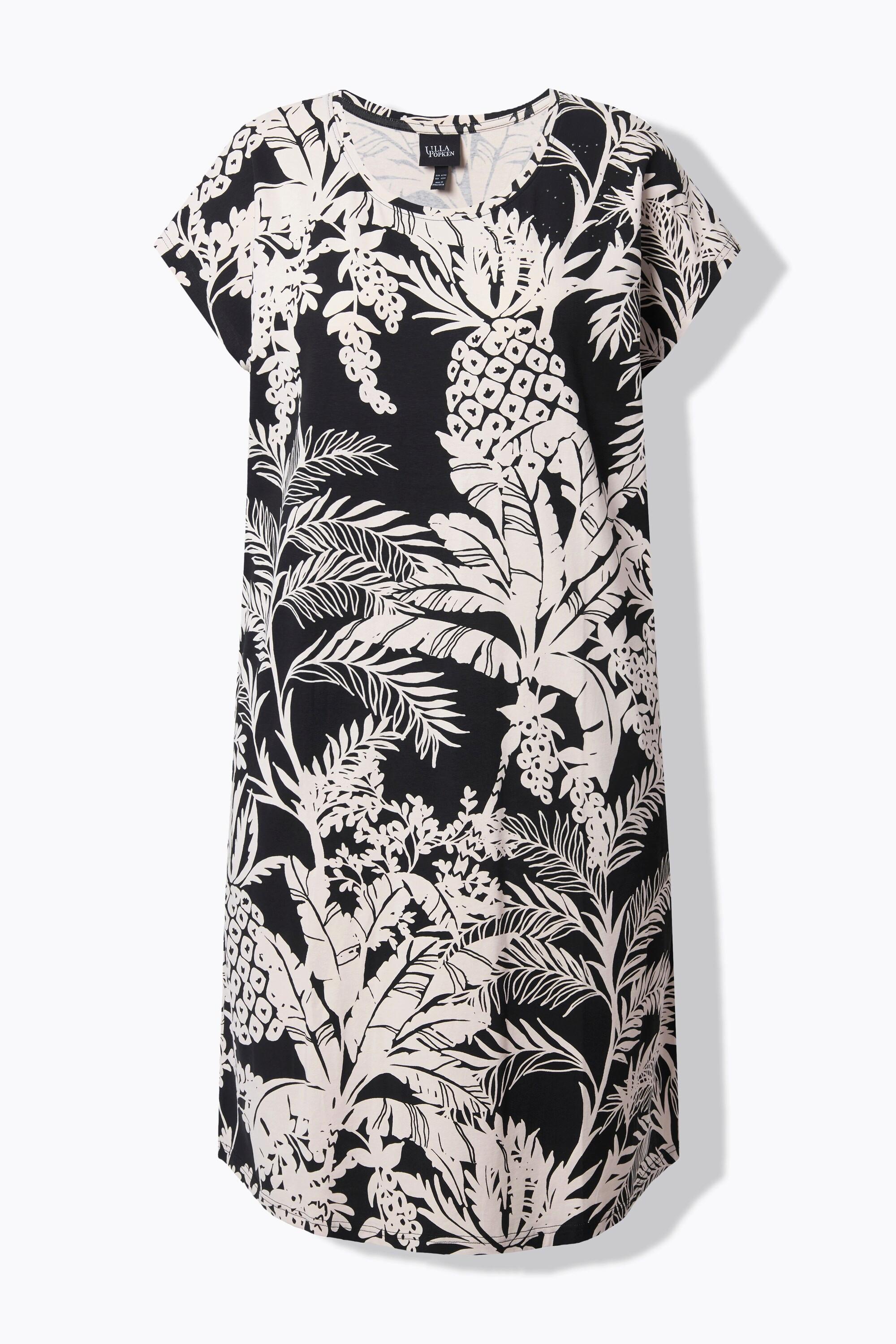 Ulla Popken Abito Jersey Stampa Palme Oversize Scollo Rotondo Mezze Maniche  