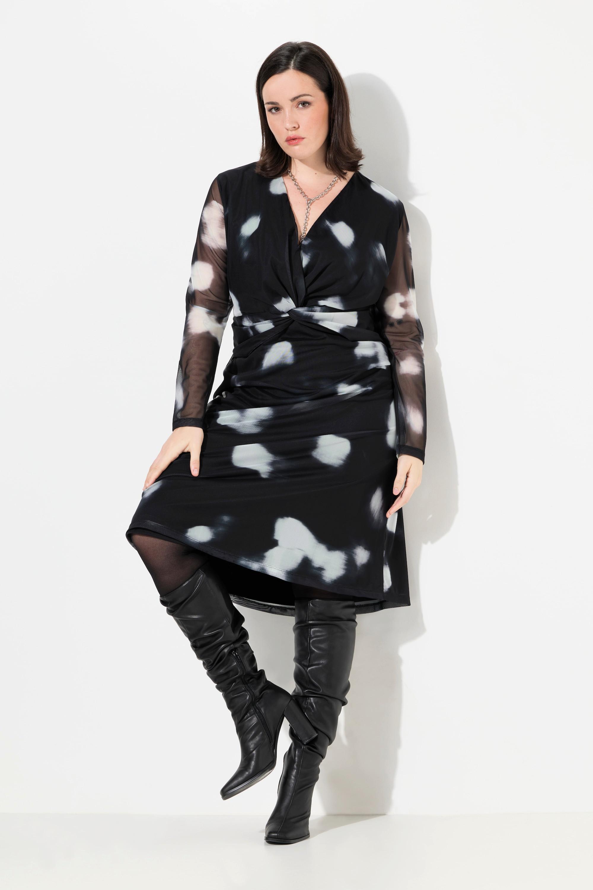 Ulla Popken Robe en mesh double couche à pois col en V manches longues  