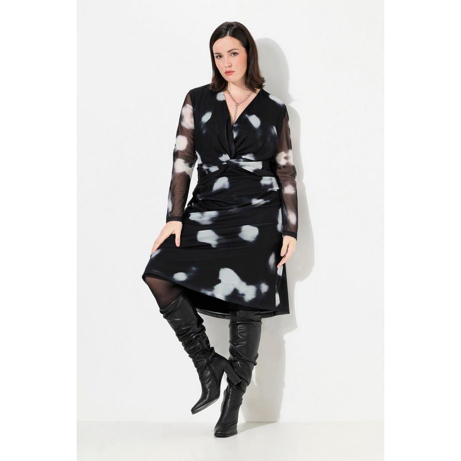 Ulla Popken Abito in mesh doppio strato a pois scollo a V maniche lunghe  