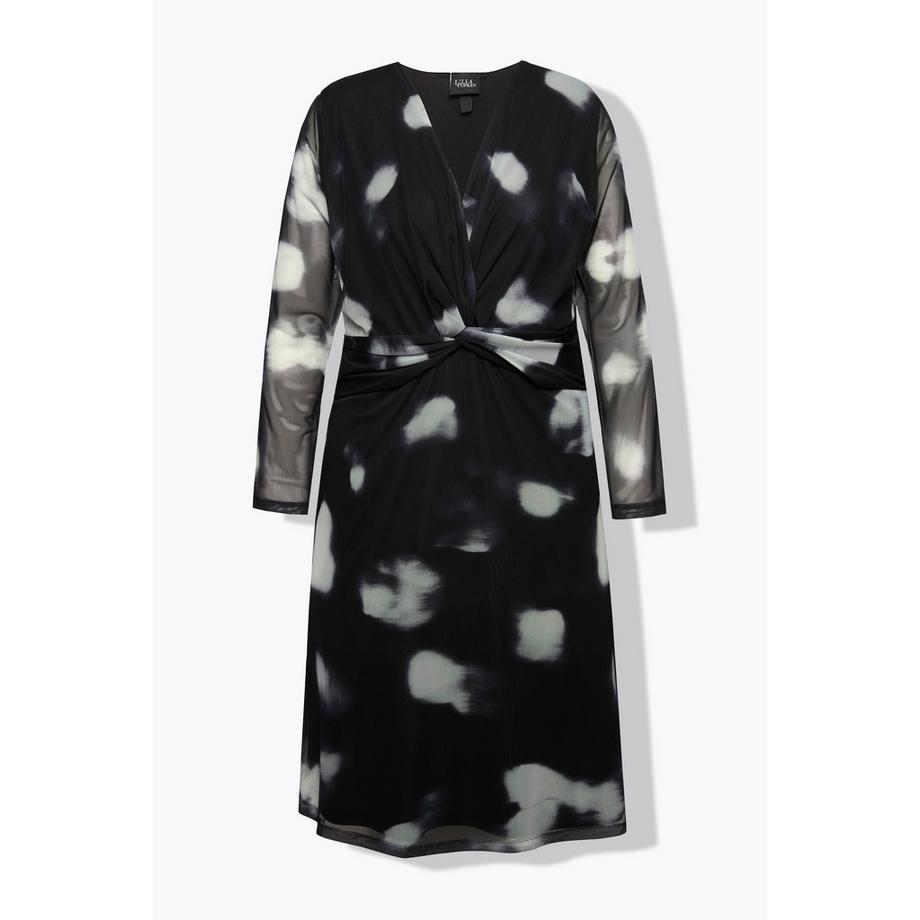 Ulla Popken Abito in mesh doppio strato a pois scollo a V maniche lunghe  