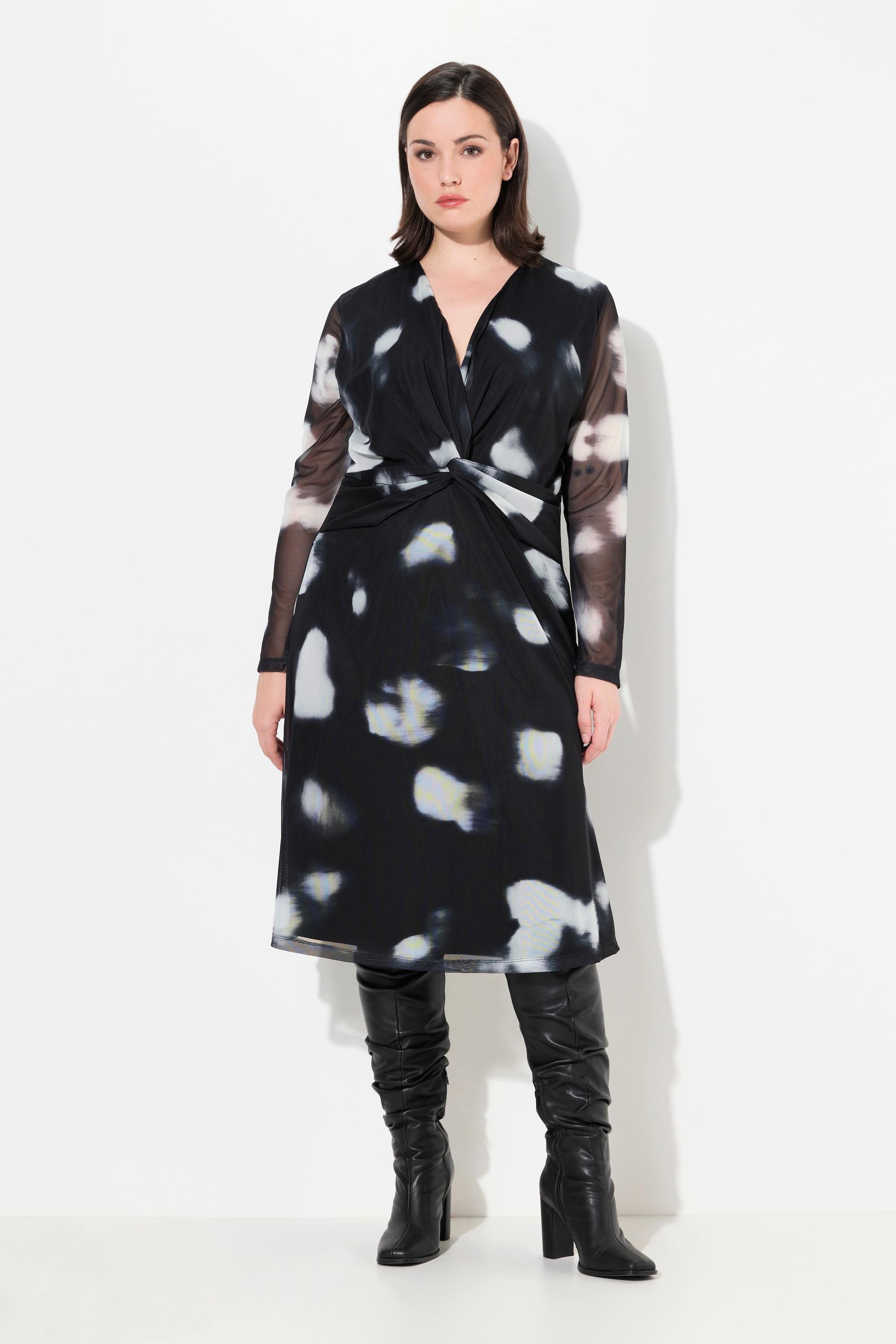 Ulla Popken Robe en mesh double couche à pois col en V manches longues  