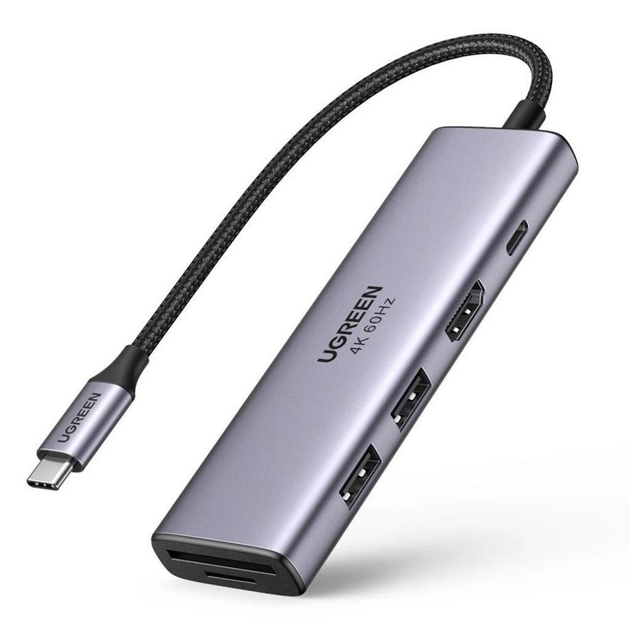 Ugreen Hub USB-C auf 2x USB-A / HDMI 4K 60Hz / SD- und TF-Kartenleser / USB-C PD 100W – Grau