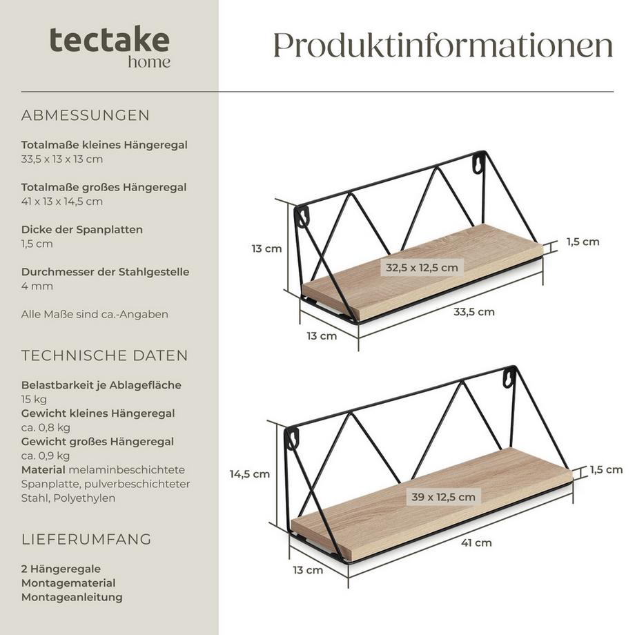 Tectake 2er Set Wandregal Rockport Industrial Style Holz und Stahl  