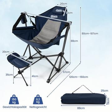 Campingstuhl mit Fußstütze & Verstellbarer Rückenlehne & Kopfstütze & Getränkehalter Angelstuhl Marineblau