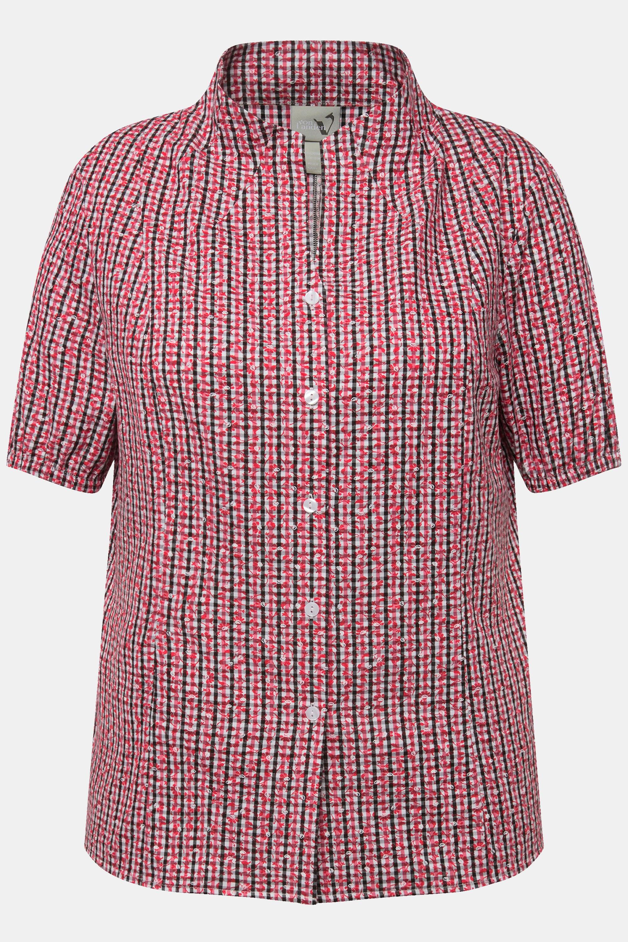 Ulla Popken Blusa a Quadri Collo a Calice Scollo a V Mezza Manica  