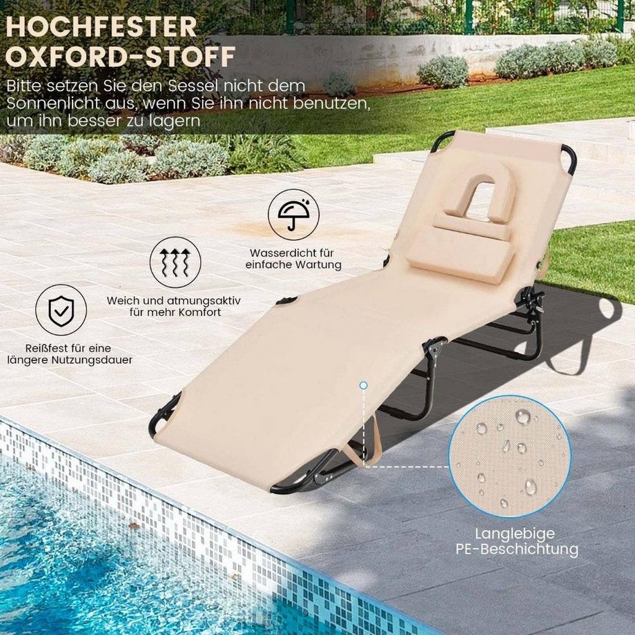 Northix Klappbarer Bräunungsstuhl Strandliege mit Gesichtsöffnung Beige  