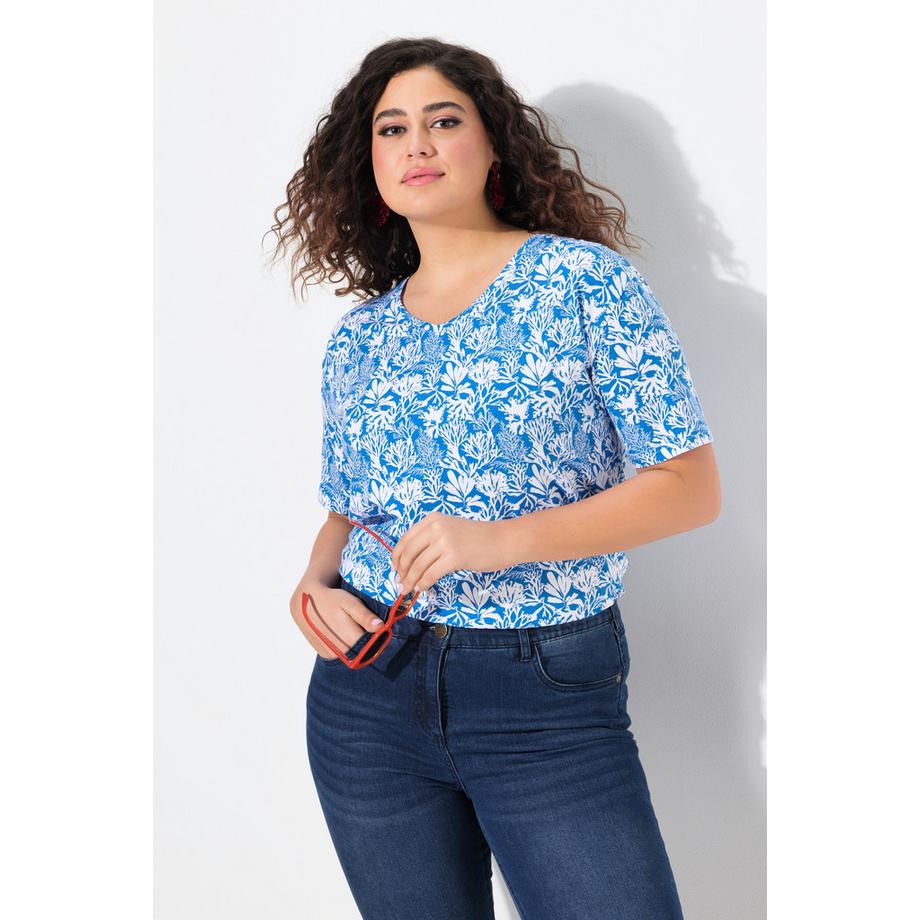 Ulla Popken T-Shirt Coupe A Imprimé Floral Col V Manches Courtes  