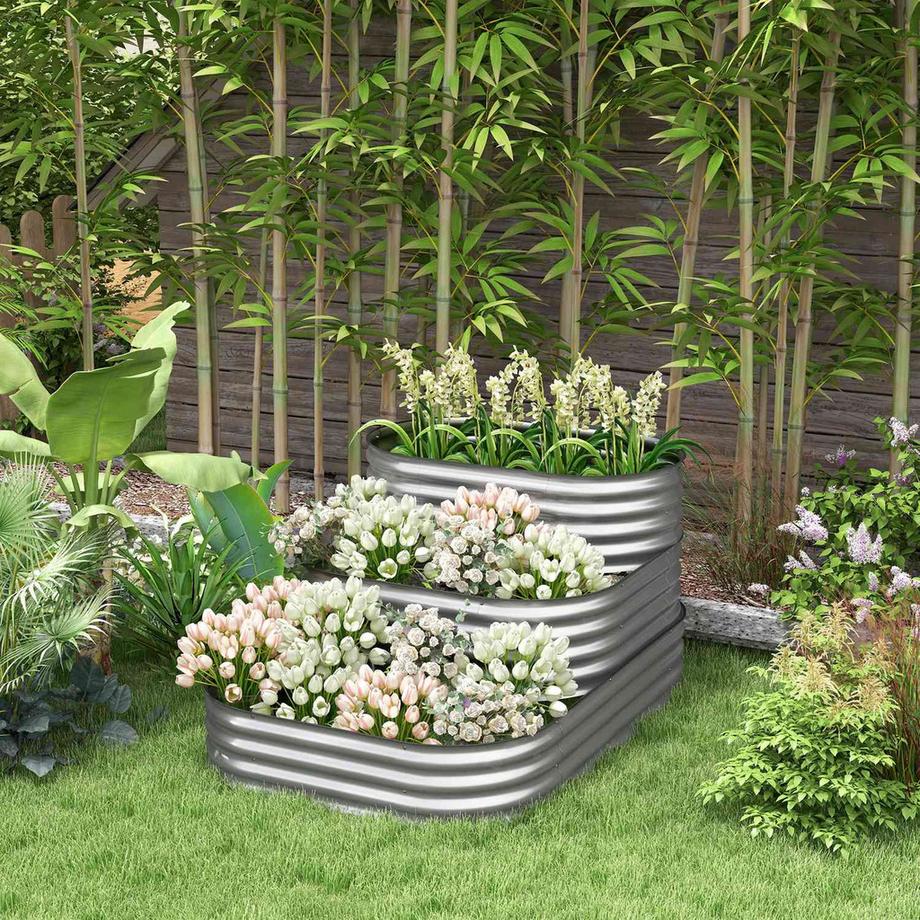 Northio Hochbeet Aus Metall, 3-Stufiger Pflanzkasten, Diy Blumenkasten, Kräuterbeet Mit Sicherheitskanten, Gemüsebeet Für Garten, Balkon, Silber  