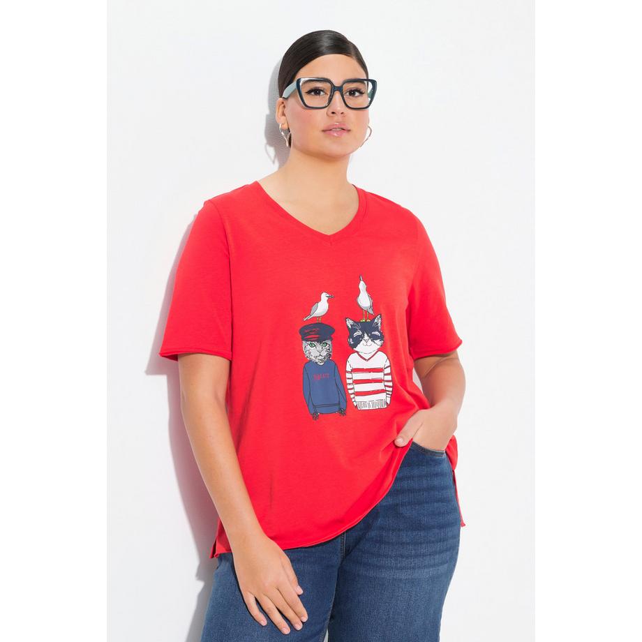 Ulla Popken T-shirt A-Line Col V Manches Courtes Motif Chats  
