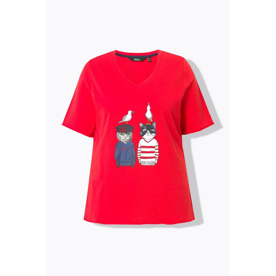 Ulla Popken T-shirt A-Line Col V Manches Courtes Motif Chats  