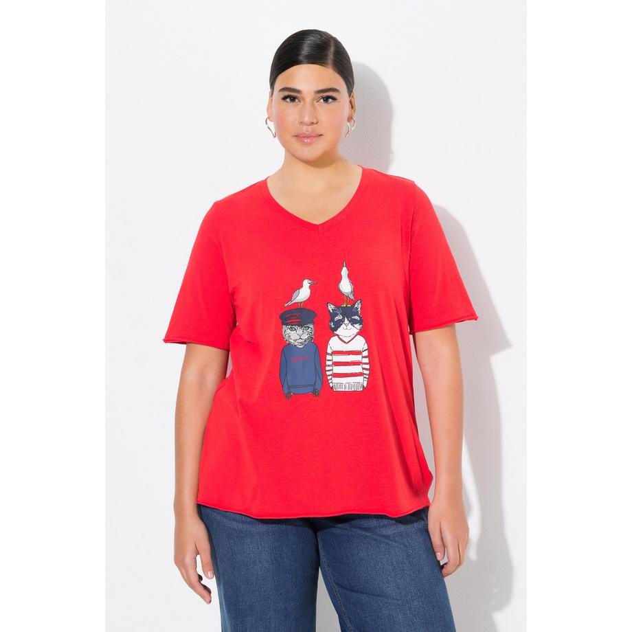 Ulla Popken T-shirt A-Line Col V Manches Courtes Motif Chats  
