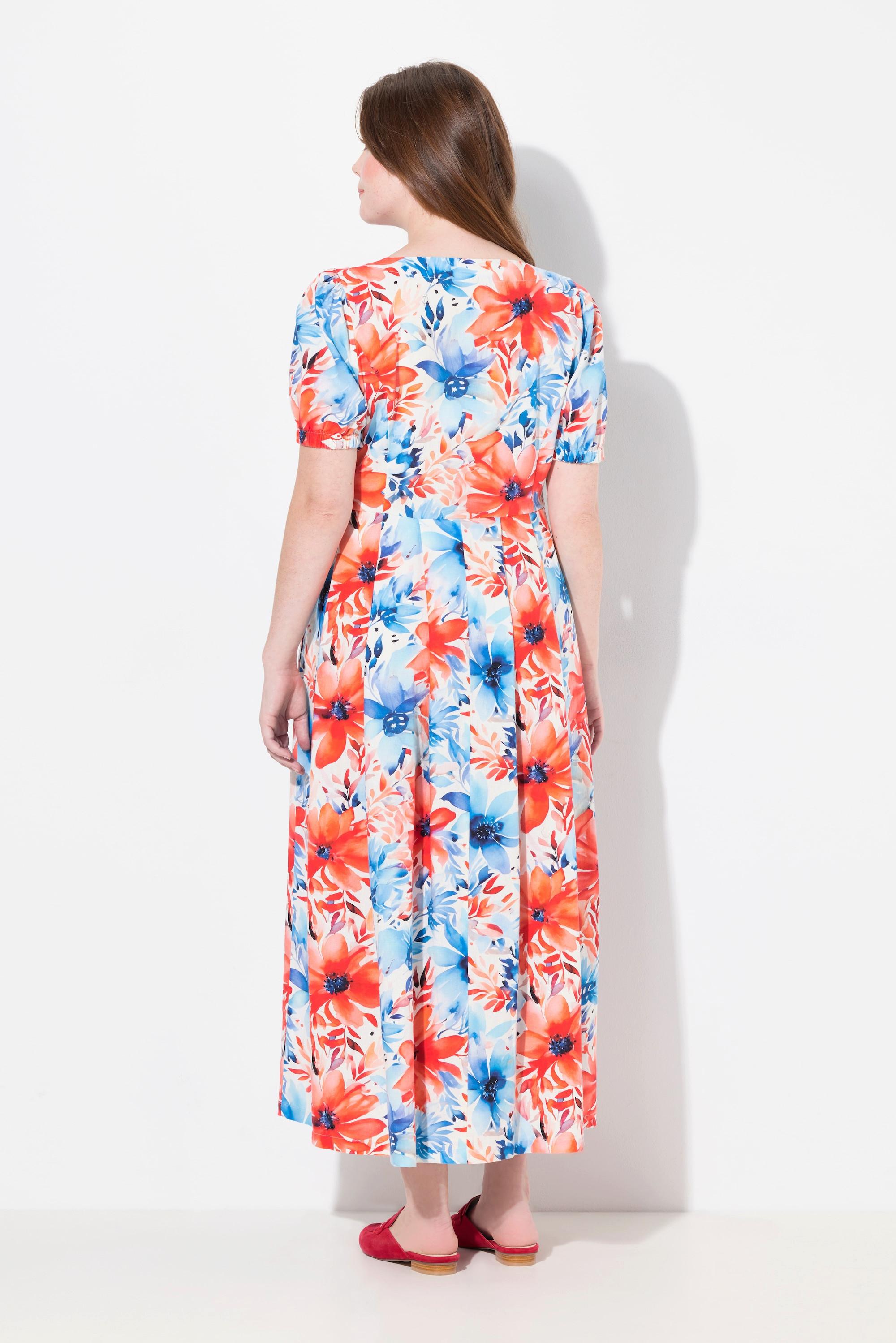 Ulla Popken Robe Maxi Empiècements Smokés Col Rond Manches Courtes Lin Mélangé  