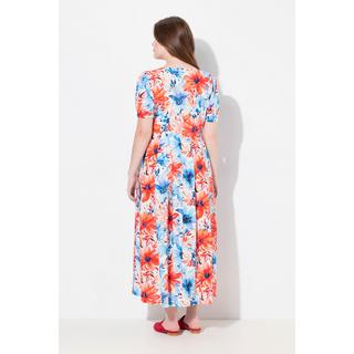 Ulla Popken Robe Maxi Empiècements Smokés Col Rond Manches Courtes Lin Mélangé  