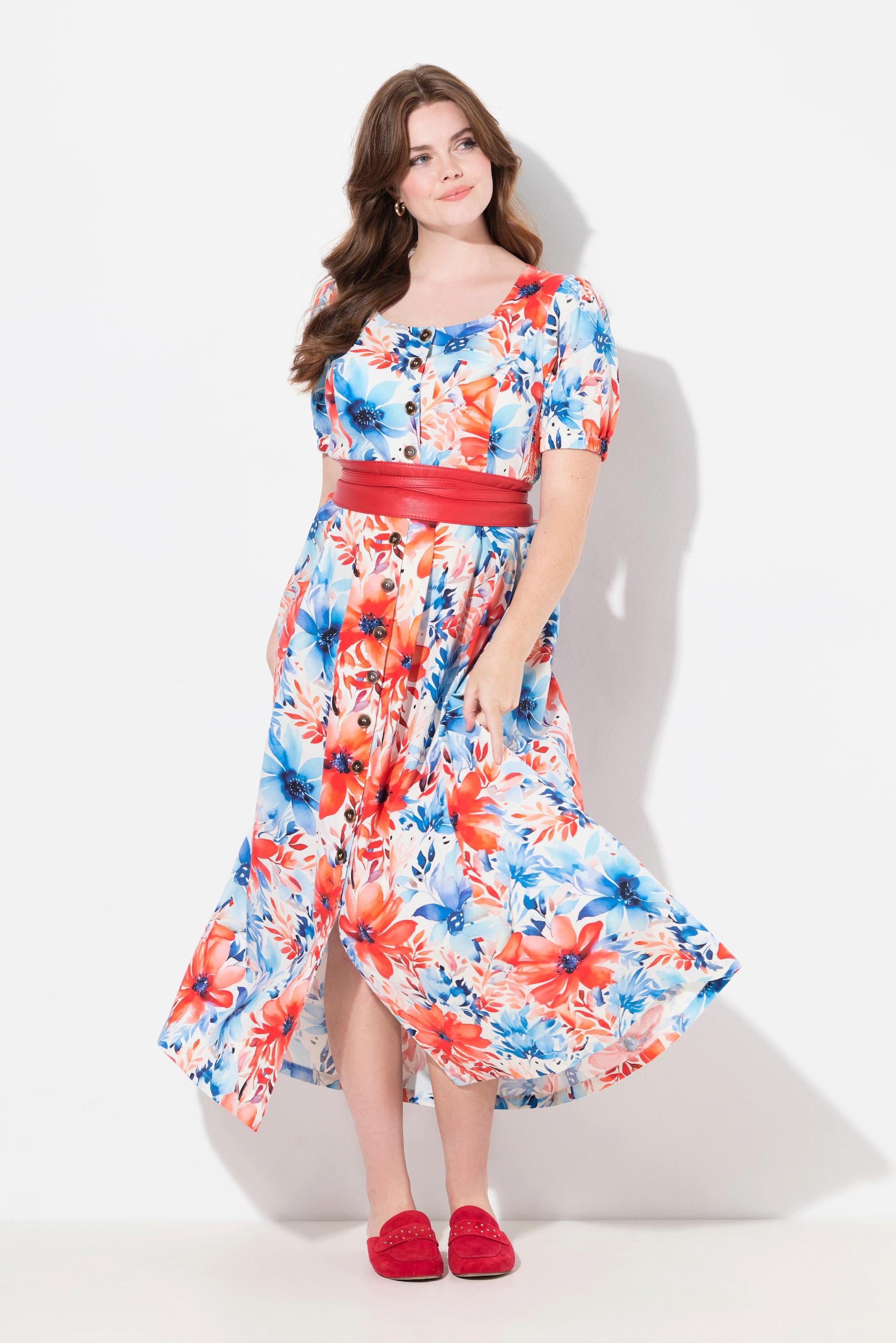 Ulla Popken Robe Maxi Empiècements Smokés Col Rond Manches Courtes Lin Mélangé  