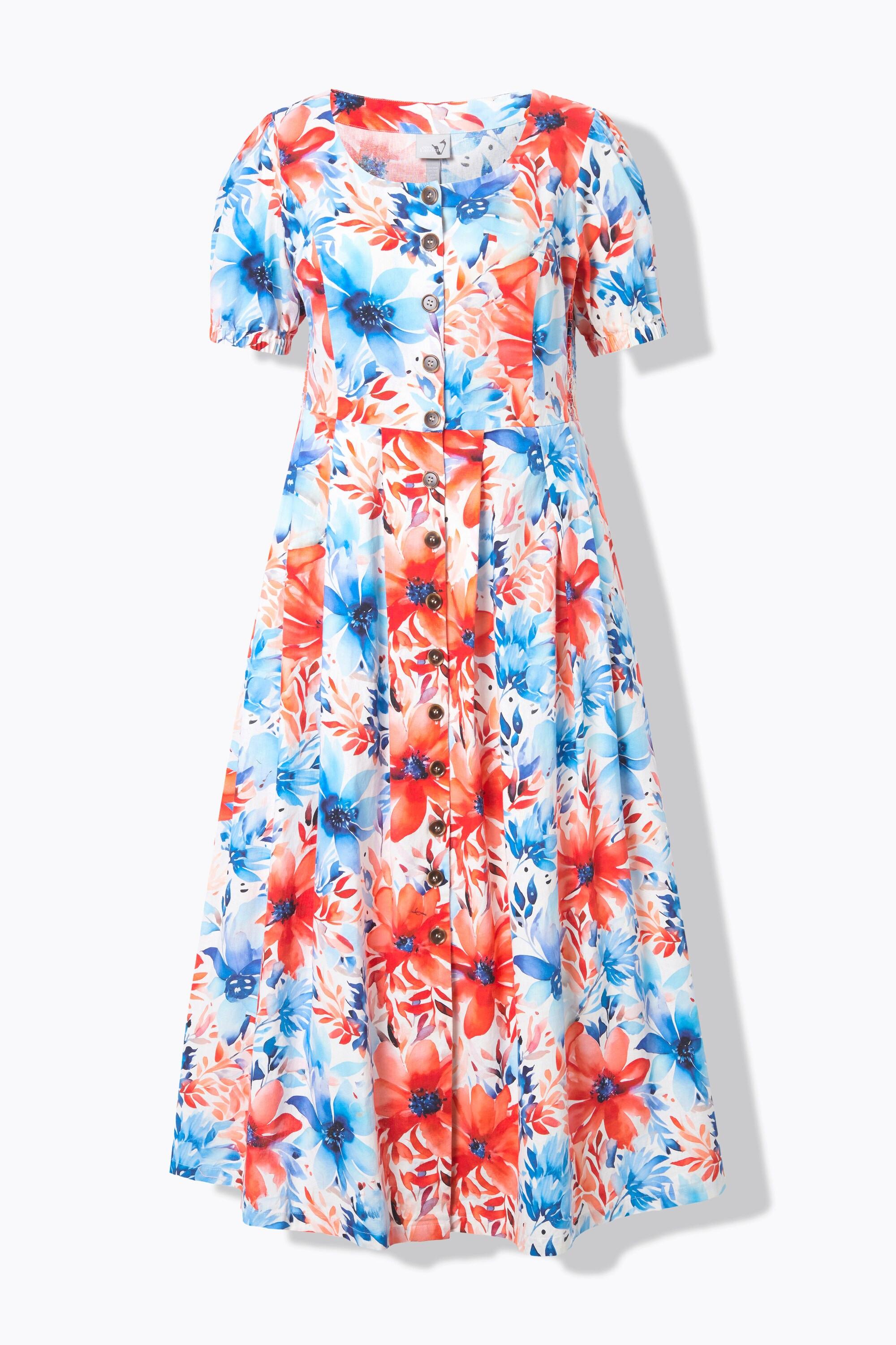 Ulla Popken Robe Maxi Empiècements Smokés Col Rond Manches Courtes Lin Mélangé  