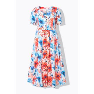 Ulla Popken Robe Maxi Empiècements Smokés Col Rond Manches Courtes Lin Mélangé  