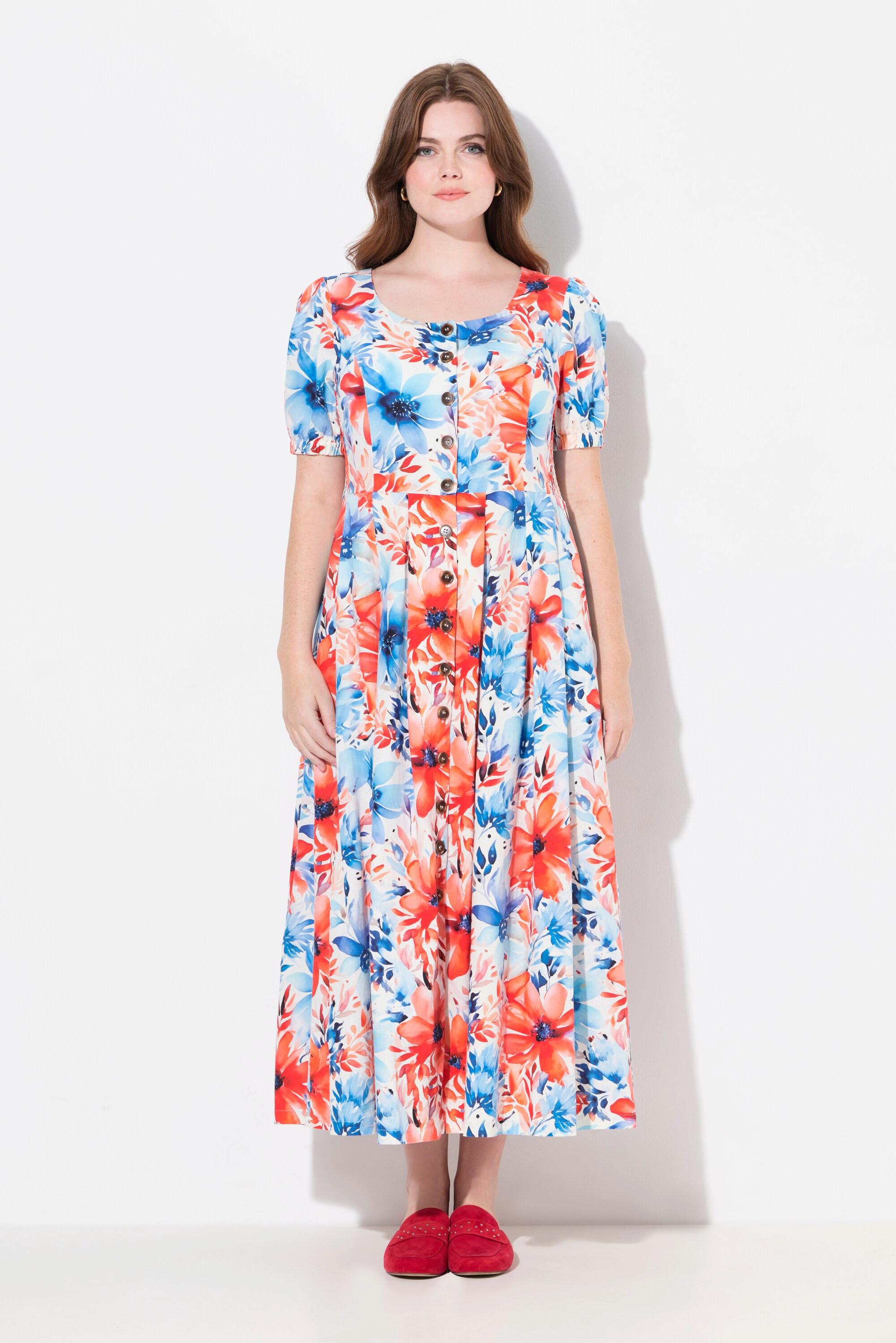 Ulla Popken Robe Maxi Empiècements Smokés Col Rond Manches Courtes Lin Mélangé  