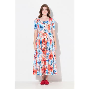 Maxi abito in misto lino con inserti a punto smock, scollo rotondo e mezze maniche