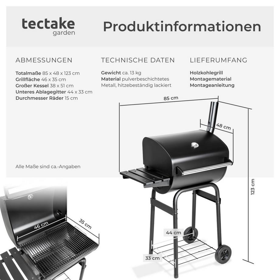 Tectake Holzkohlegrill  mit 2 Rädern regulierbare Luftzufuhr  