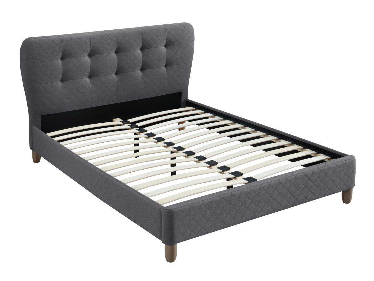 Vente-unique Lit 140 x 190 cm avec tête de lit capitonnée - Tissu - Gris + Matelas - ELIDE  