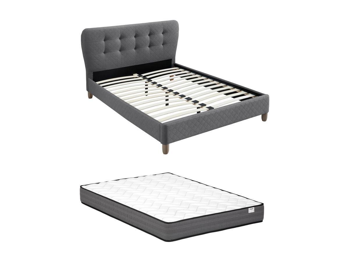 Vente-unique Lit 140 x 190 cm avec tête de lit capitonnée - Tissu - Gris + Matelas - ELIDE  