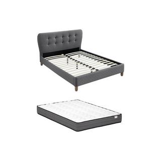 Vente-unique Lit 140 x 190 cm avec tête de lit capitonnée - Tissu - Gris + Matelas - ELIDE  