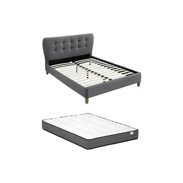 Lit 140 x 190 cm avec tête de lit capitonnée - Tissu - Gris + Matelas - ELIDE