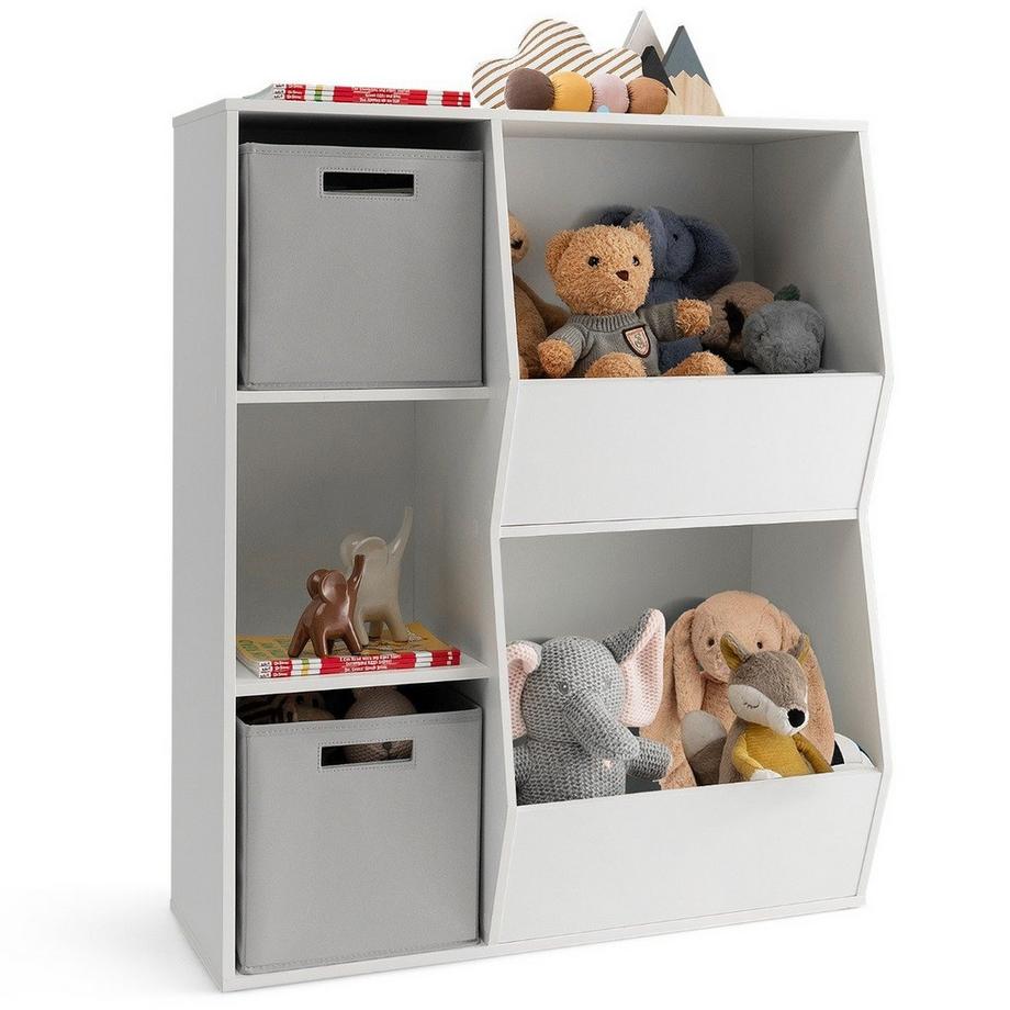 Northio Bücherregal Kinder 3-stöckiges Kinderregal mit 2 Boxen & 5 Fächern 77 x 29 x 94 cm Weiß+Grau  