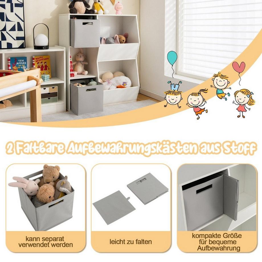 Northio Bücherregal Kinder 3-stöckiges Kinderregal mit 2 Boxen & 5 Fächern 77 x 29 x 94 cm Weiß+Grau  