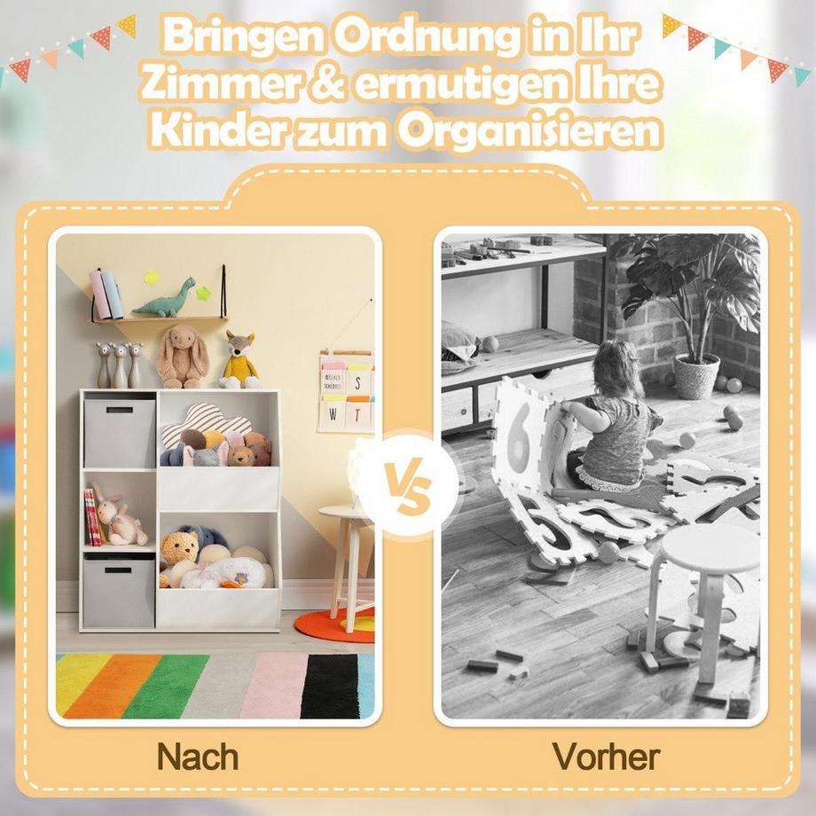 Northio Bücherregal Kinder 3-stöckiges Kinderregal mit 2 Boxen & 5 Fächern 77 x 29 x 94 cm Weiß+Grau  