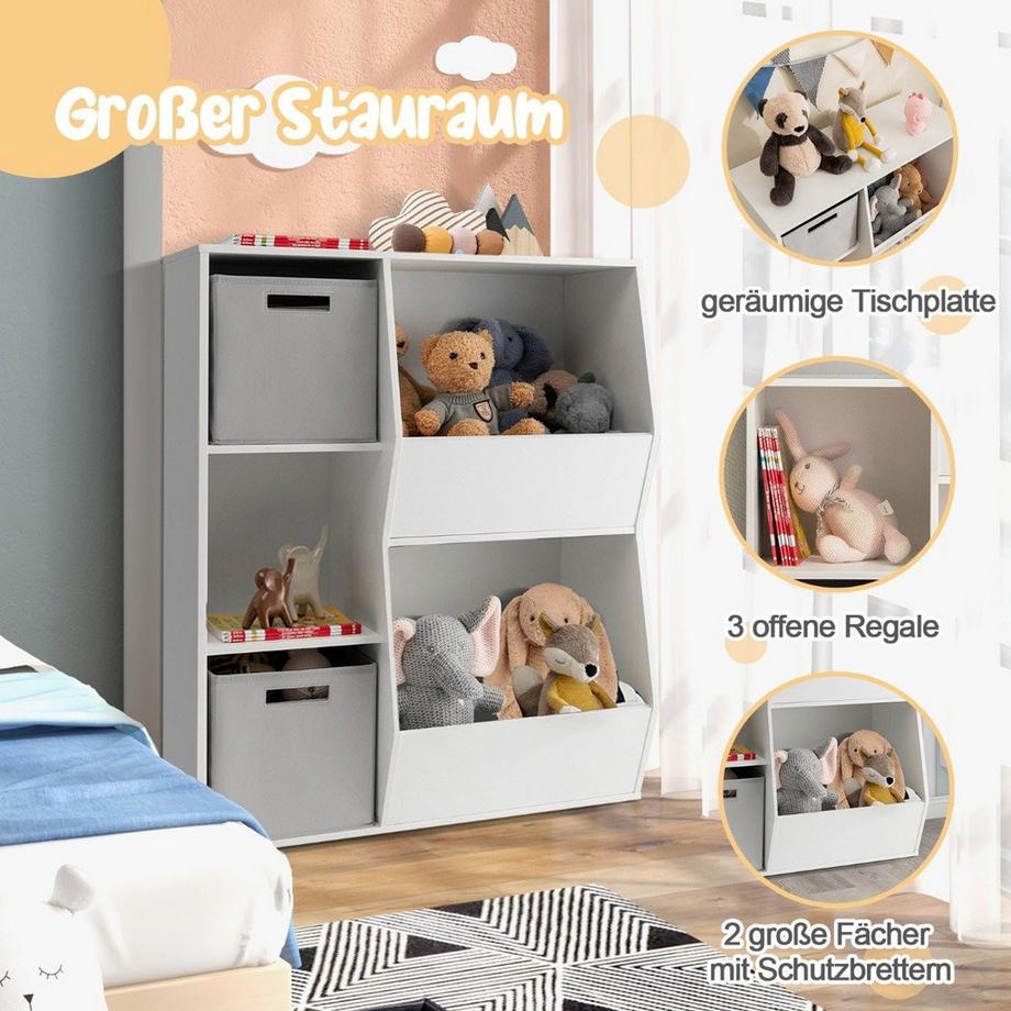 Northio Bücherregal Kinder 3-stöckiges Kinderregal mit 2 Boxen & 5 Fächern 77 x 29 x 94 cm Weiß+Grau  