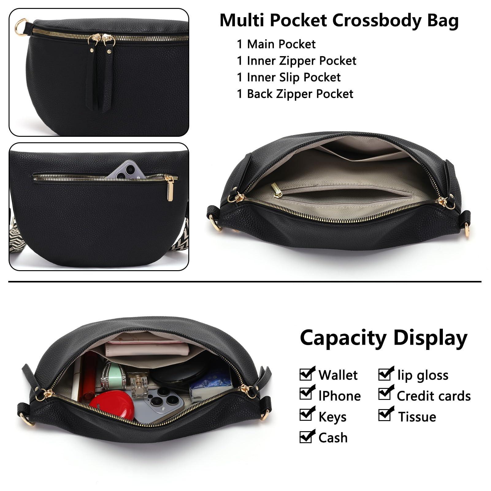 Only-bags.store Grand Sac Banane en Cuir Végan Sac Bandoulière avec Large Sangle  