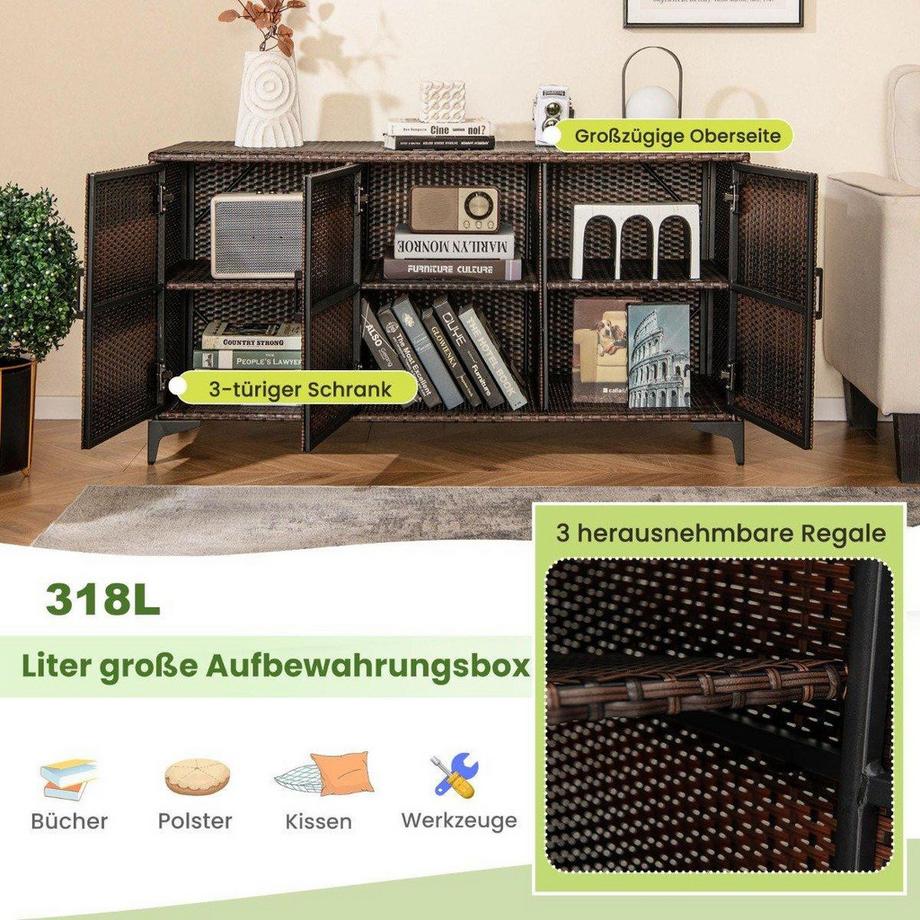 Northio 318L Rattan Gartenschrank mit abnembaren Regalen & Türen Outdoor Wetterfester Beistellschrank Braun  