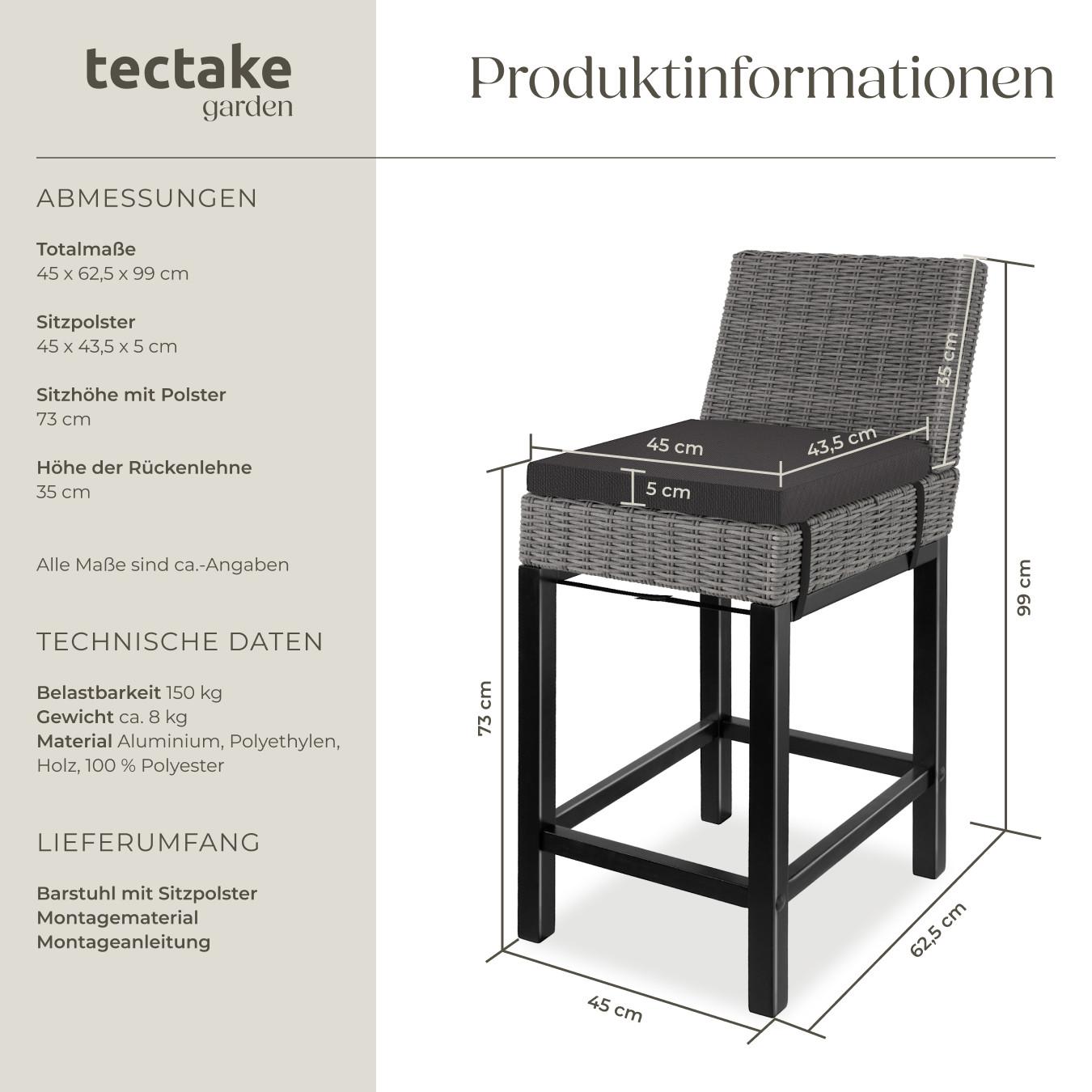 Tectake Rattan Barstuhl Latina mit Aluminiumgestell wetterfest und UV-beständig  